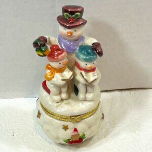 VTG Porcelain "Caroling" Snowman Family Hinged Trinket Box 4.75" Tall